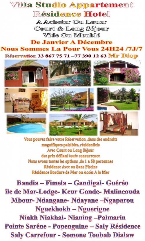 Meublé Dakar Centre -Banlieue & Petite Cote Sénégalaise 77 273 75 74 