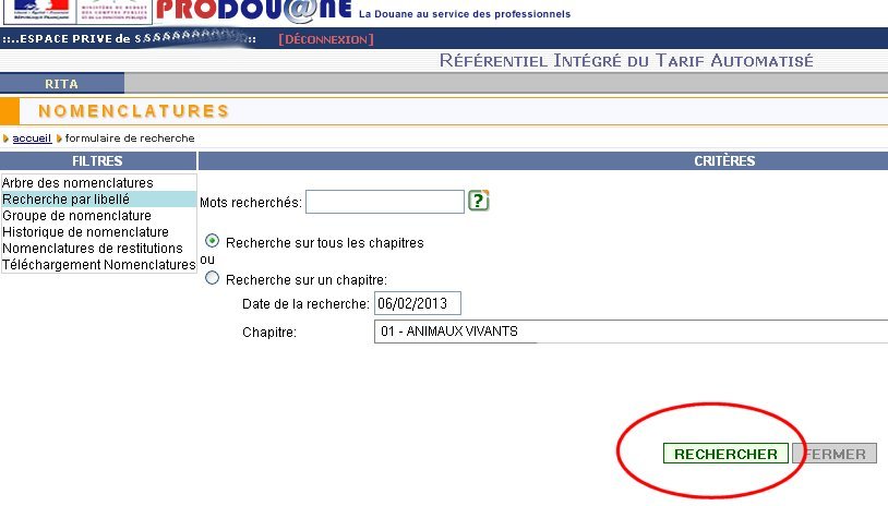 Rechercher une nomenclature dans Prodouane