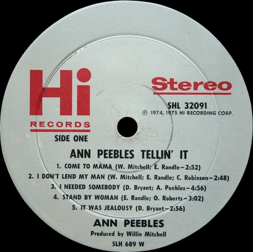 Ann Peebles : Album " Tellin' It " Hi Records SHL 32091 [ US ]