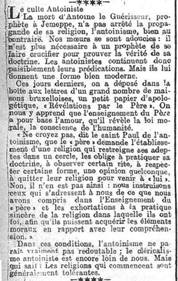 Le culte antoiniste - Révélation par le Père (Journal de Charleroi, 9 juin 1913)(Belgicapress)