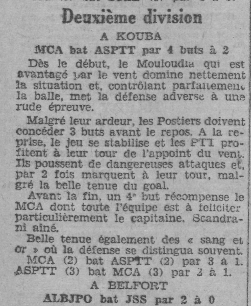 Dimanche 18.01.1931 à Kouba ASPTT-MCA 2-4
