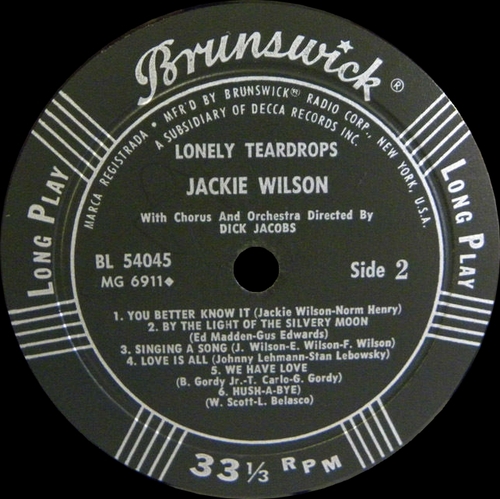 Jackie Wilson : Album " Lonely Teardrops " Brunswick Records BL 54045 [ US ]