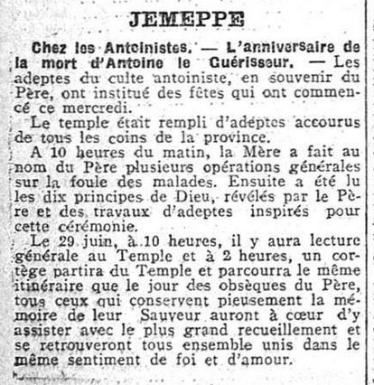 Jemeppe - Chez les Antoinistes (La Meuse, 25 juin 1913)(Belgicapress)