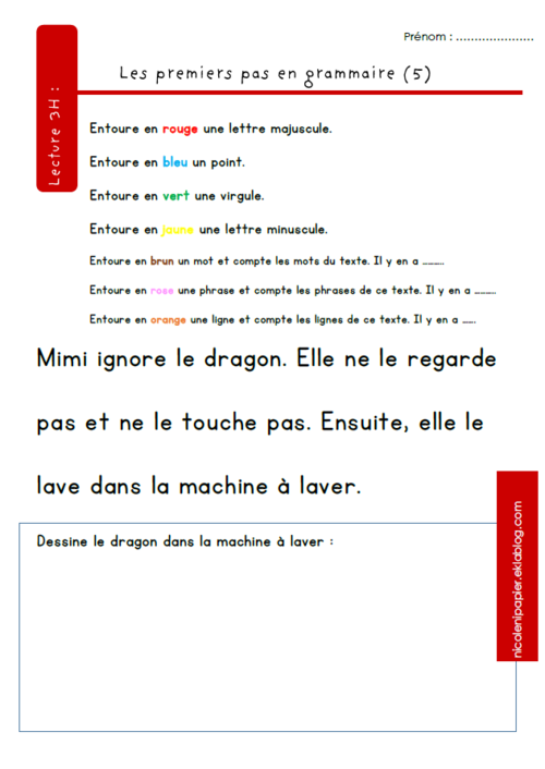 Les premiers pas en grammaire / phrase, mot, lettre, majuscule et point