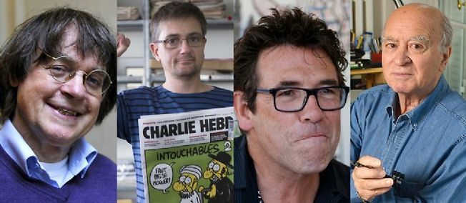 Les dessinateurs (de gauche à droite) Cabu (76 ans), Charb (47 ans), Tignous (57 ans) et Wolinski (80 ans), tous décédés dans la fusillade de "Charlie Hebdo".