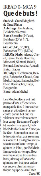 Jeudi 15.01.2009 Stade du Maghreb arabe de Oued R’hiou 1/32ème coupe MC ALGER 9 – IRB AÏN D’