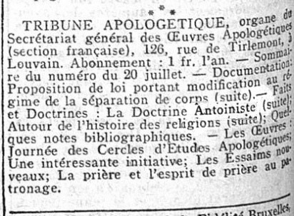 Tribune Apologétique - La doctrine antoiniste (1911)