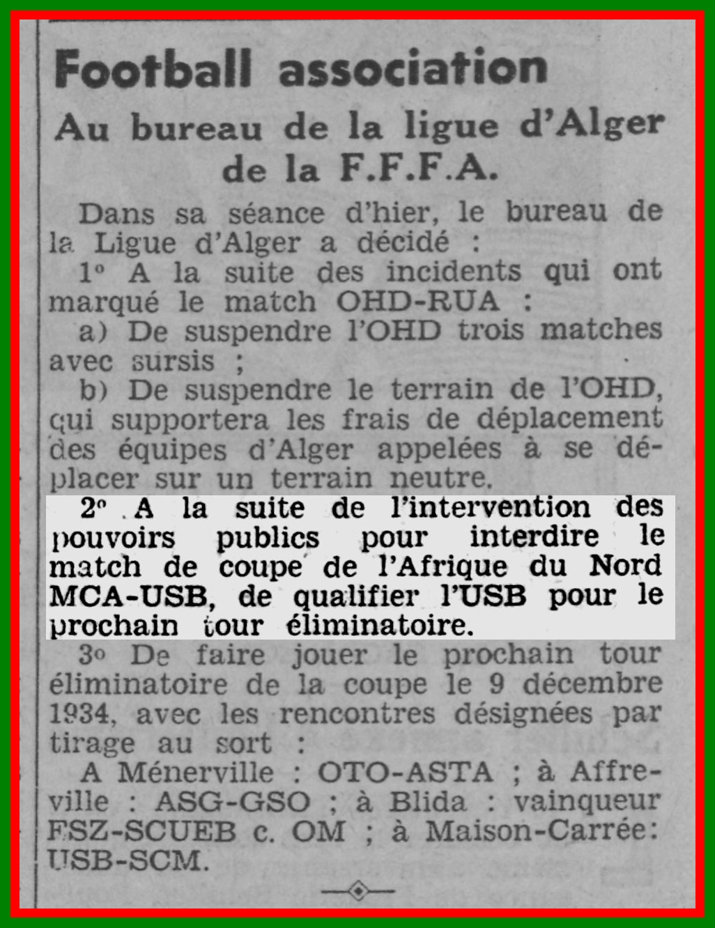 D 11.11.1934 à Boufarik coupe AFN USB-MCA non joué,