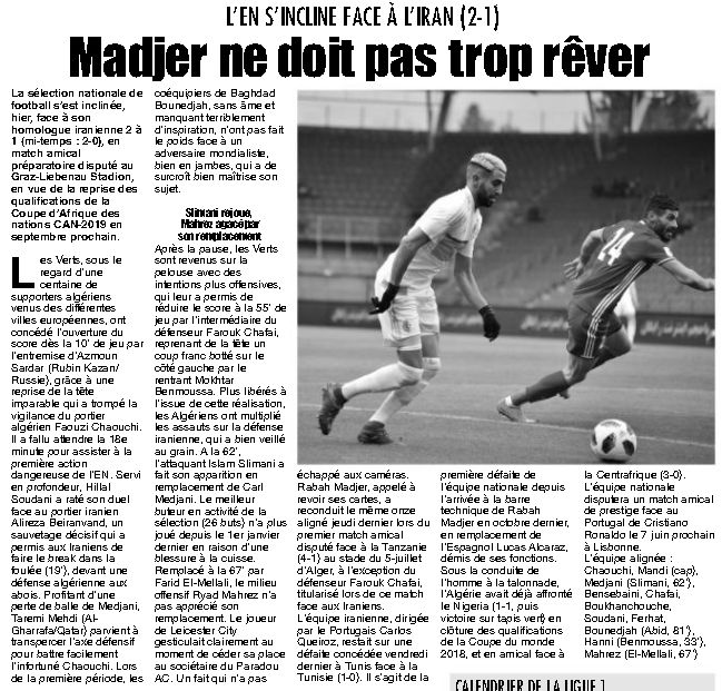 Mardi 27.3.2018 en Autriche à Graz Amical Iran-EN 2-1 avec Chaouchi