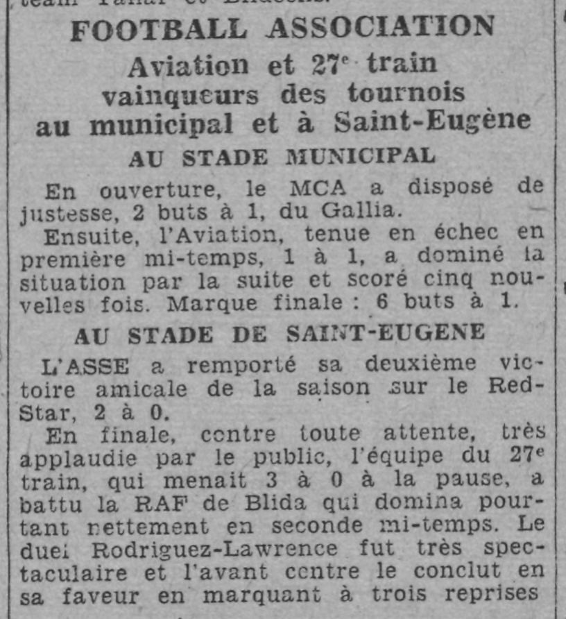Mercredi 1.11.1944 tournoi Amical au Municipal GSA-MCA 1-2