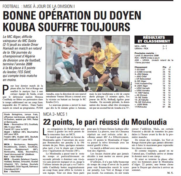 Jeudi 18.12.2008  Omar-Hamadi MCA 2 – MCS 1