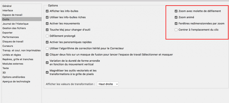 Photoshop: préférences et panneaux de droite