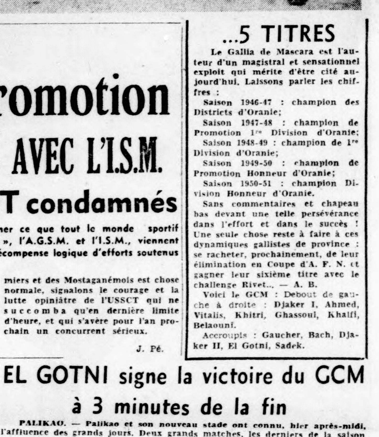 19.5.1951 le GC Mascara Champion de l'Oranie