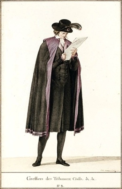 Etude d’habit de Greffier des Tribunaux civils (dessin de Jean Michel Moreau le Jeune [1741-1814])