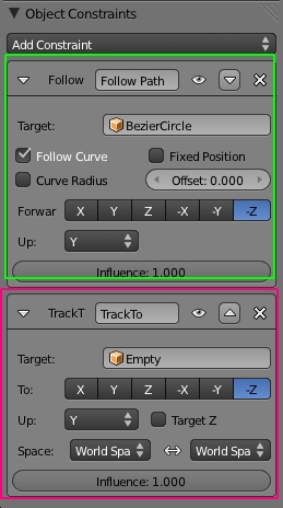 Les panneaux des contraintes Follow Path et Track To