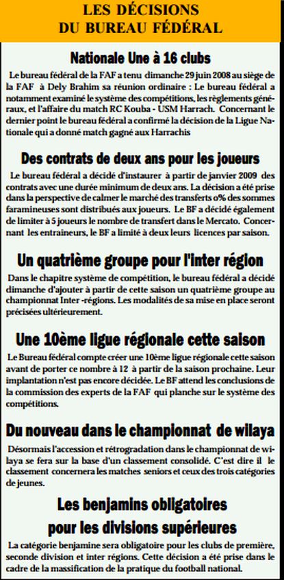 Les décisions du B.F et affaire RCK-USMH
