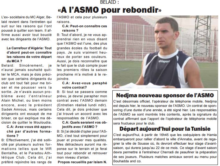 Belaid Sofiane opte pour l'ASMO