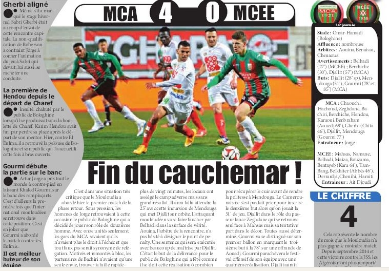 Mardi 20.01.2015 à Bologhine MCA-MCEE 4-0