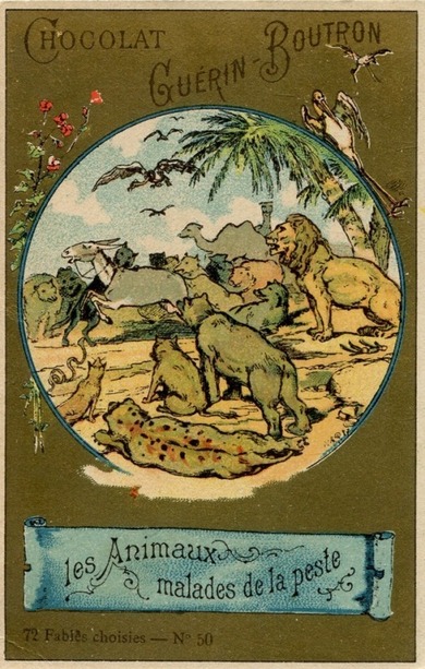 Les animaux malades de la peste (chromo Chocolat Guérin-Boutron. Imprimeur-lithographe Vieillemard et ses fils, 16 rue de la Glacière, à Paris. 1887)