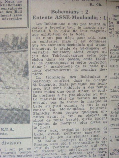Dimanche 29.12.1946 à St Eugène Amical  Bohemians de Prague-Entente ASSE/MCA 2-1