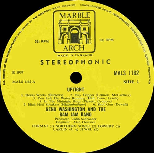 Geno Washington & The Ram Jam Band : Album " Uptight " Marble Arch Records MALS 1162 [ UK ]