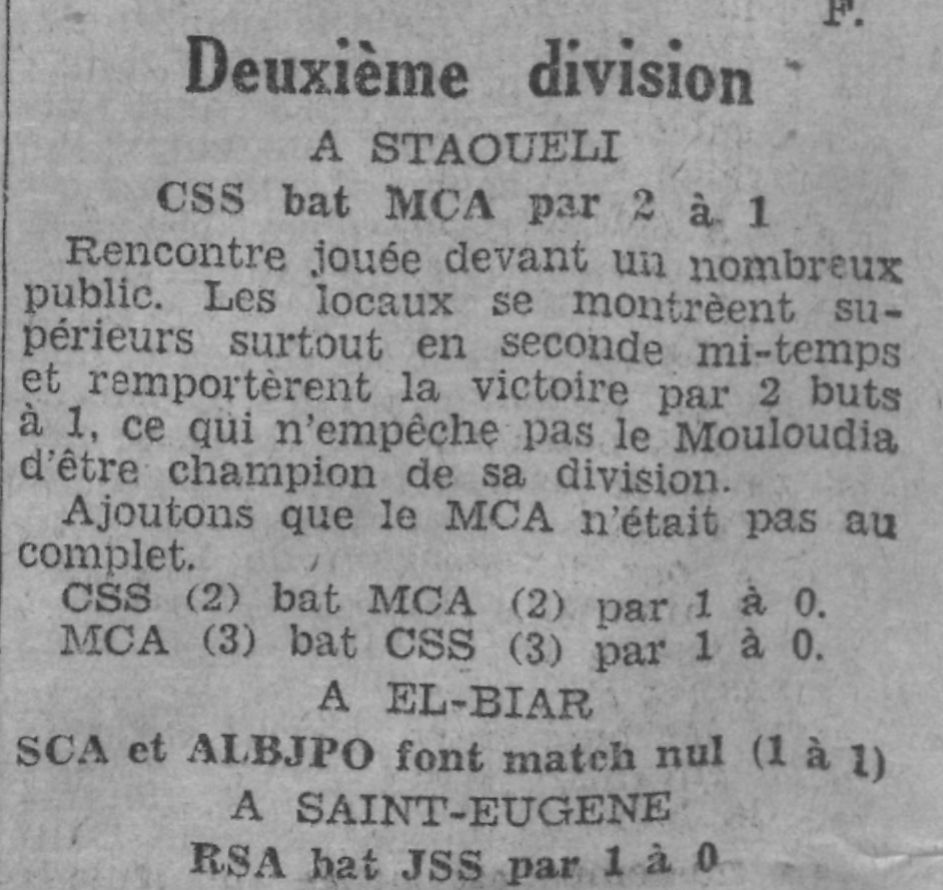 Dimanche 19.4.1931 à Staoueli CSS (Staoueli) -MCA 2-1