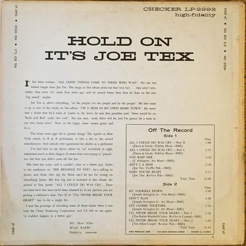Joe Tex : Album " Hold On ! It's Joe Tex " Checker Records LP-2993 [ US ]
