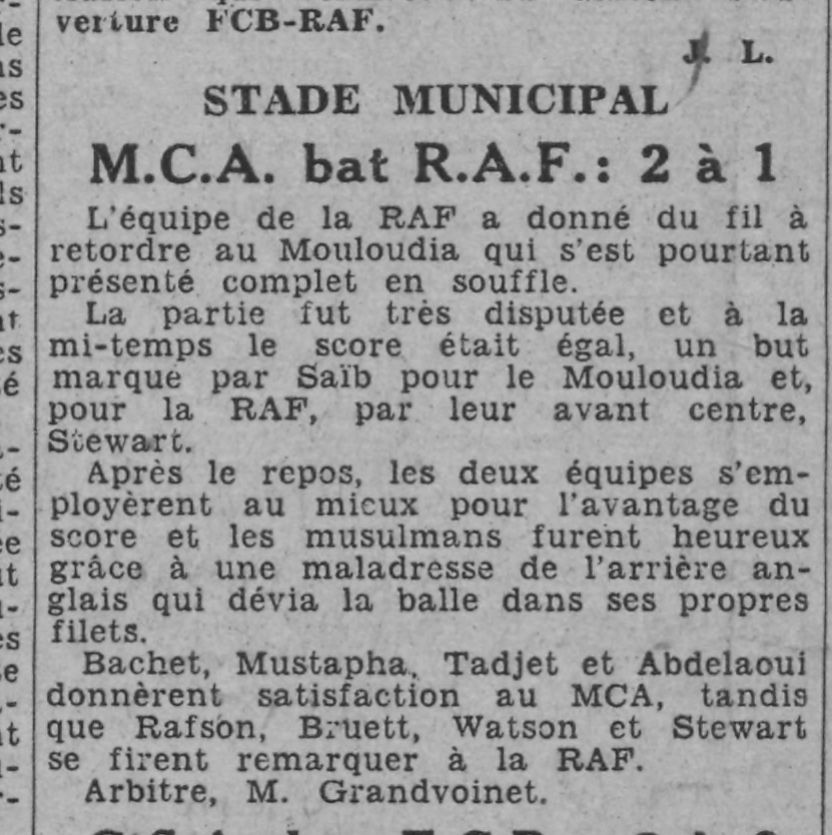 Dimanche 31.10.1943 au Municipal  MCA-R.A.F (Angleterre) 2-1  Tournoi de la Toussaint