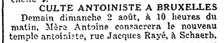 Inauguration d'un temple antoiniste à Schaerbeek (Le Soir, 2 août 1925)(Belgicapress)