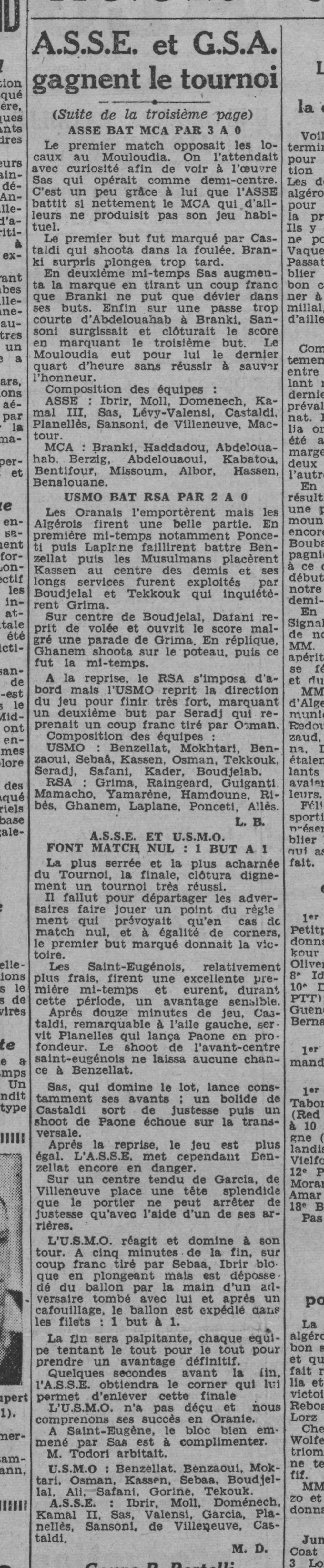 Dimanche 16.3.1941 Tournoi de St Eugène MCA-ASSE 0-3