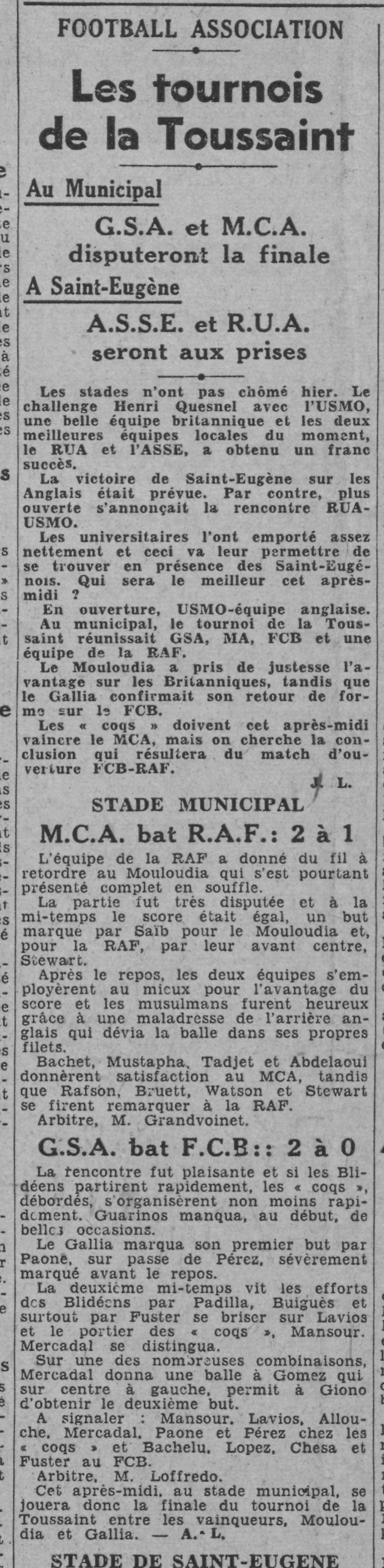 Dimanche 31.10.1943 au Municipal  MCA-R.A.F (Angleterre) 2-1  Tournoi de la Toussaint