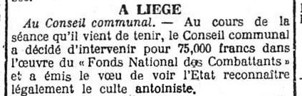 À Liége - Au conseil communal pour la reconnaissance (L'Indépendance Belge, 17 février 1921)(Belgicapress)