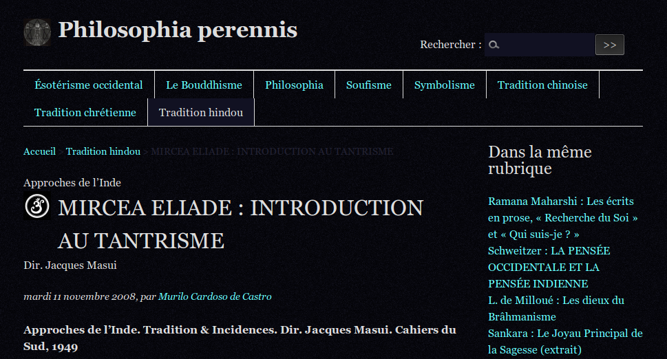 Introduction au tantrisme d'après Mircéa Eliade sur Philosophia Perennis