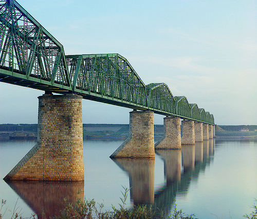 The iron bridge on stone pillars. Ural. Trans-Siberian Railroad.