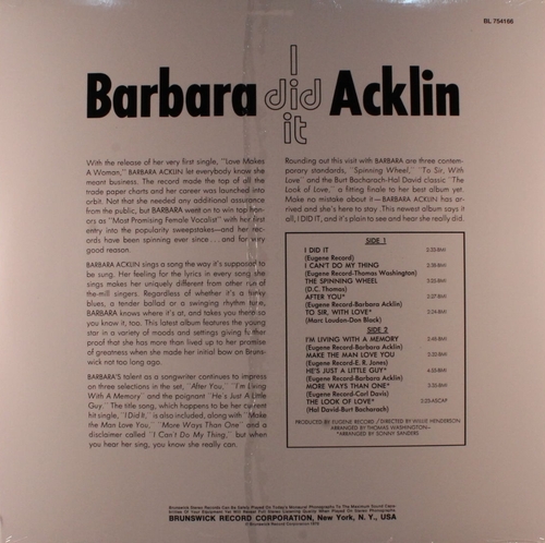 Barbara Acklin :Album " I Did It " Brunswick Records BL 754166 [ US ]