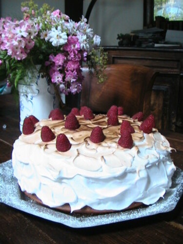 Meringue-Frosted Cake with Raspberry Filling