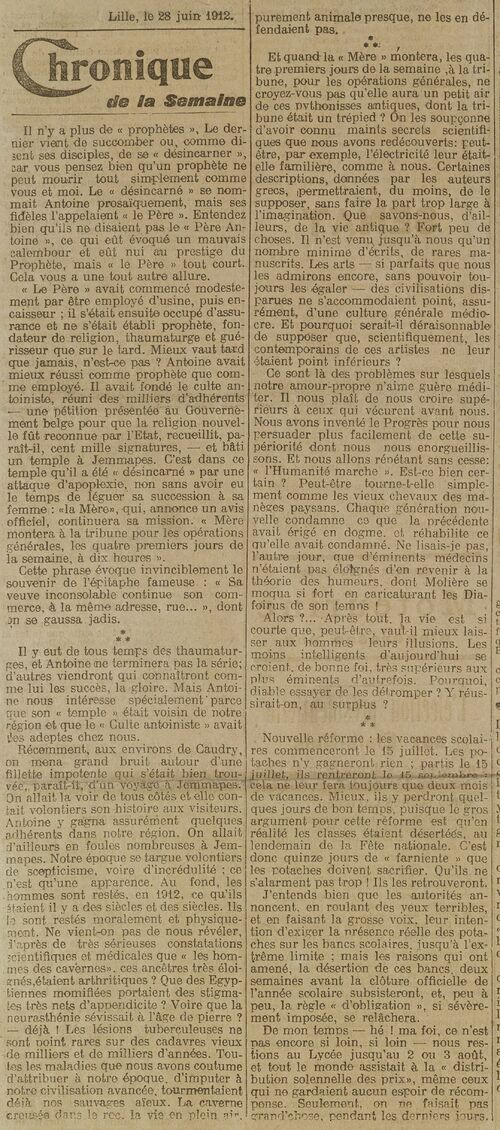 Chronique de la Semaine (L'Écho du Nord, 29 juin 1912)