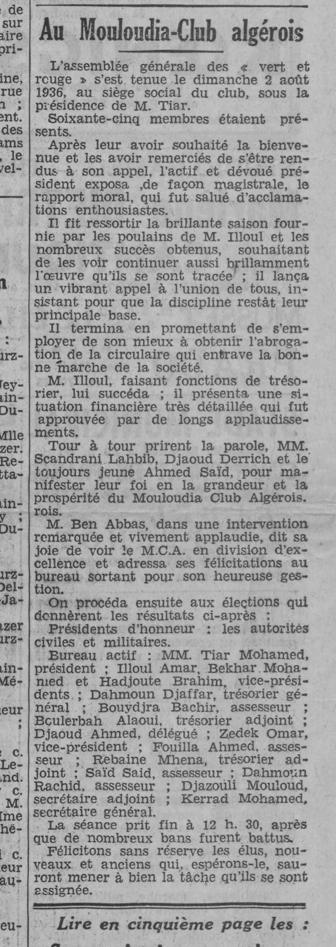 Dimanche 2.8.1936 l'Assemblée Tiar Président
