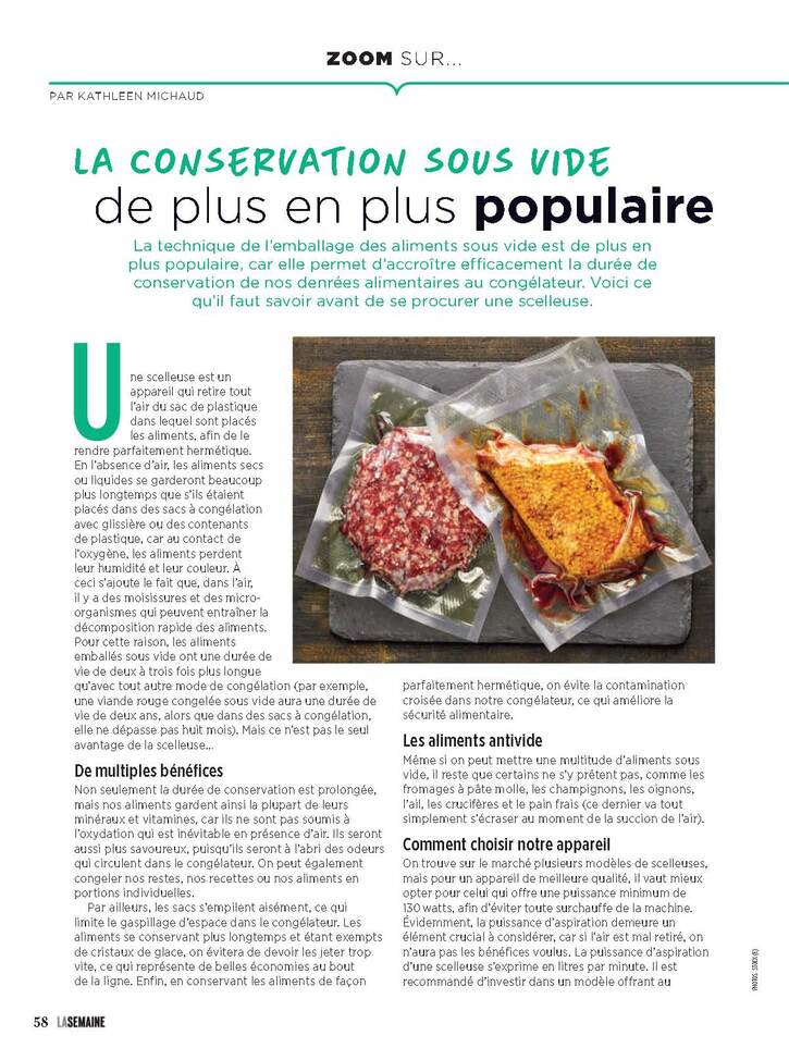 Alimentation - 11: La conservation sous vide de plus en plus populaire (2 pages)