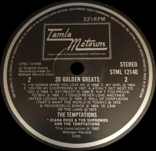 The Temptations : Album " 20 Golden Greats " Tamla Motown Records STML 12140 [ UK ]