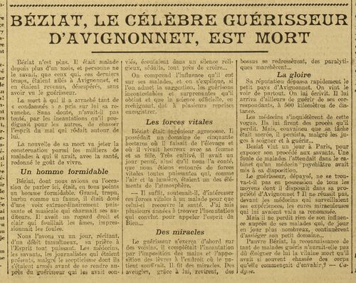 Béziat, le célèbre guérisseur d'Avignonnet, est mort (Paris-midi, 12 mai 1926)