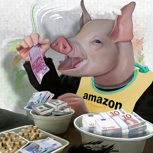 dessin de JERC et texte d'AKAKU du lundi 01 avril 2019 caricature l'ogre Amazon Au porc thune Amazon de confort www.facebook.com/jercdessin