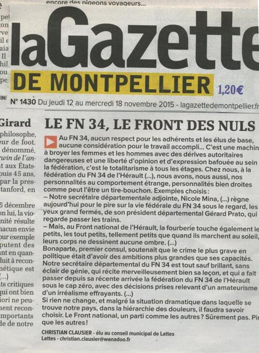 Christian Clausier, Elu FN à Lattes (34) dénonce le "Front des Nuls"