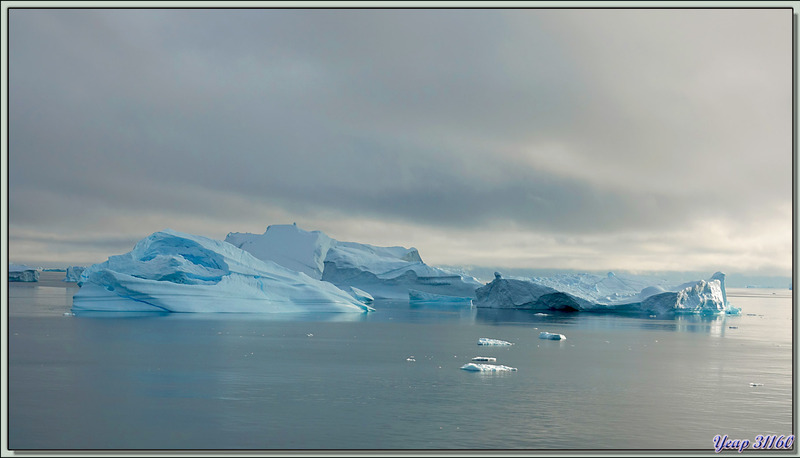 8 août 2019 : l'Austral est arrivé à Karrat Fjord, dans un superbe paysage encore brumeux et entourés d'icebergs - Groenland