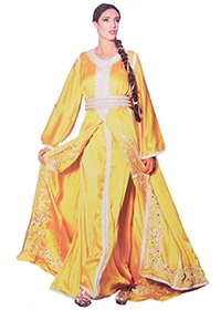 Takchita jaune brodé et perlé en fil d'argent TAK-S807 Takchita haute couture pour mariage marocain traditionnel et oriental avce Kaftan TAK-S807