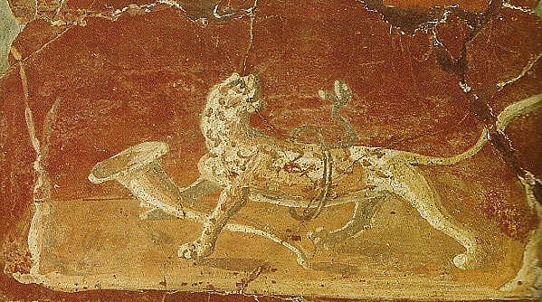 Félin rampant détail d'une fresque de la maison des papyr