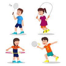 Enfants avec diverses activités sportives telles que le badminton, le saut à la corde, le cerceau et le volley-ball