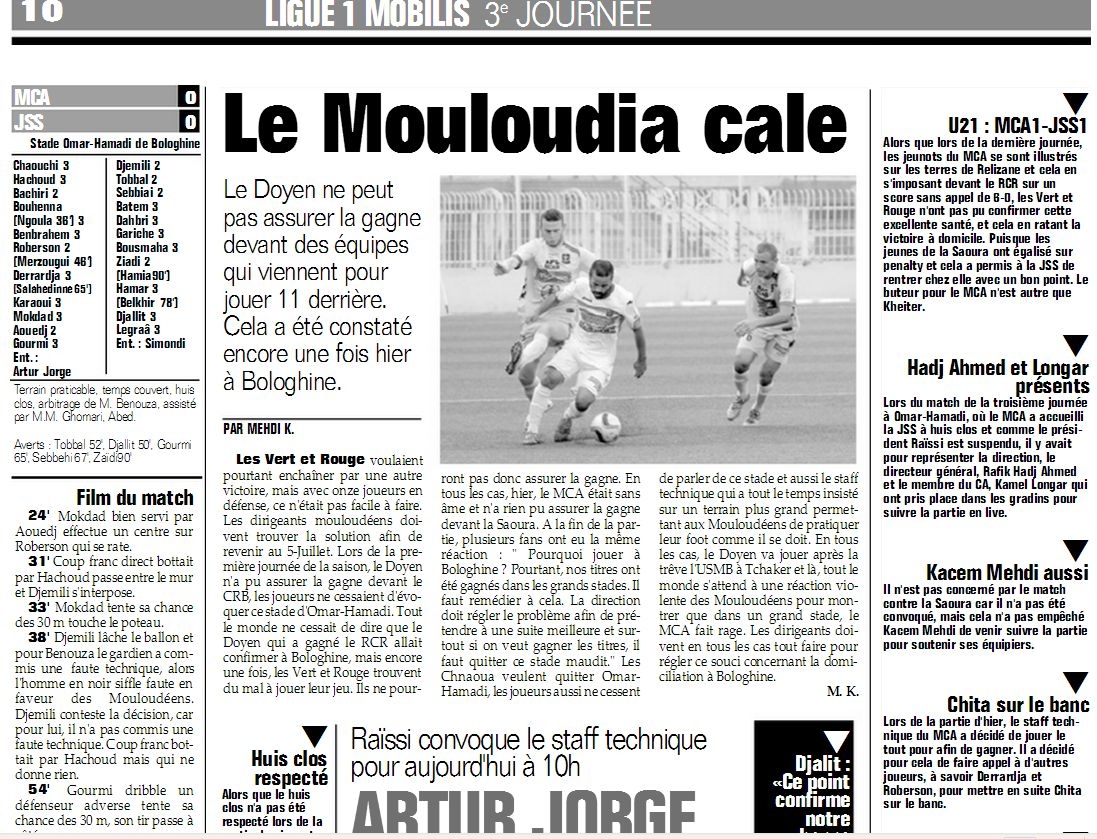 Samedi 29.8.2015 à huis clos MCA-JS Saoura 0-0