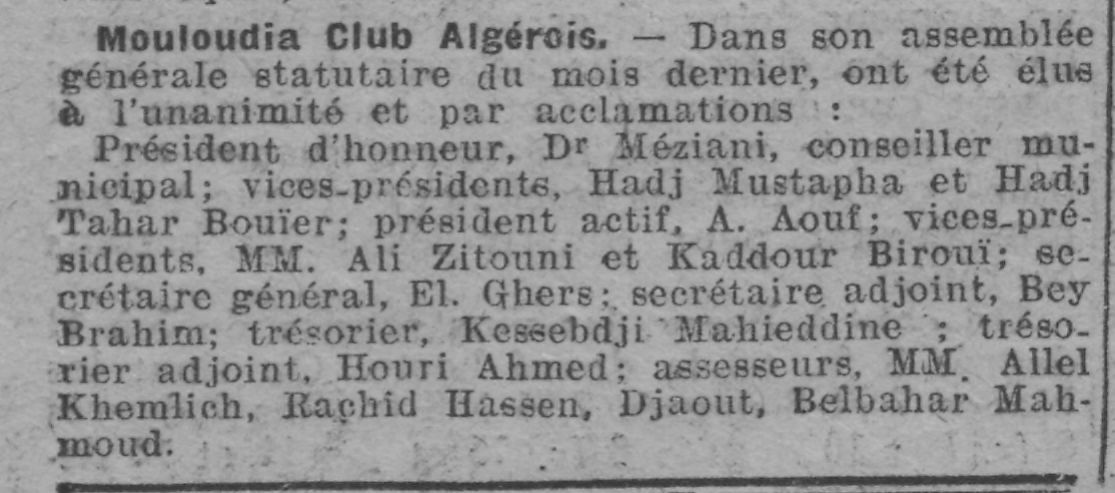 Février 1923 Le bureau du Mouloudia, Dr Meziani président d'honneur