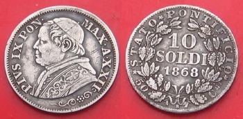 10 soldi 1868 monnaie du Vatican en argent